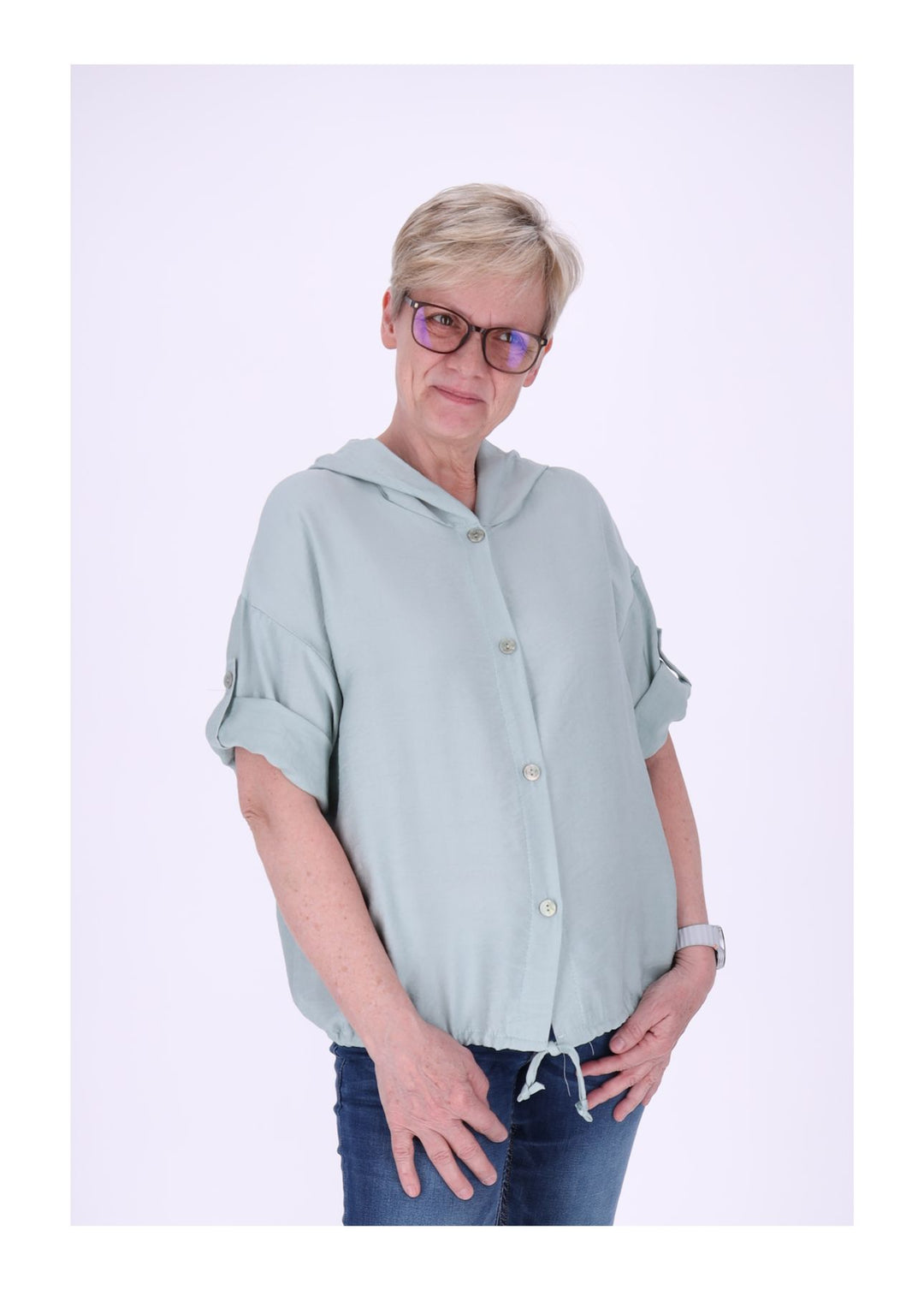 Blusenjacke Damen Kapuze Tunnelzug Krempelarm