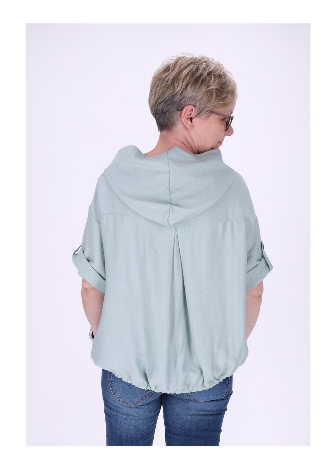 Blusenjacke Damen Kapuze Tunnelzug Krempelarm