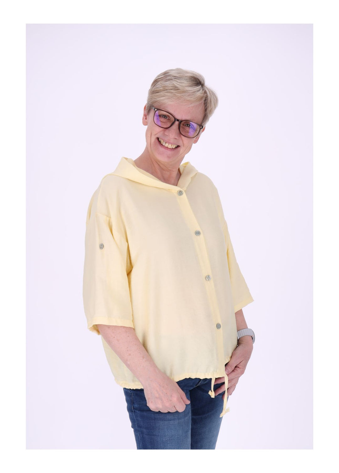 Blusenjacke Damen Kapuze Tunnelzug Krempelarm
