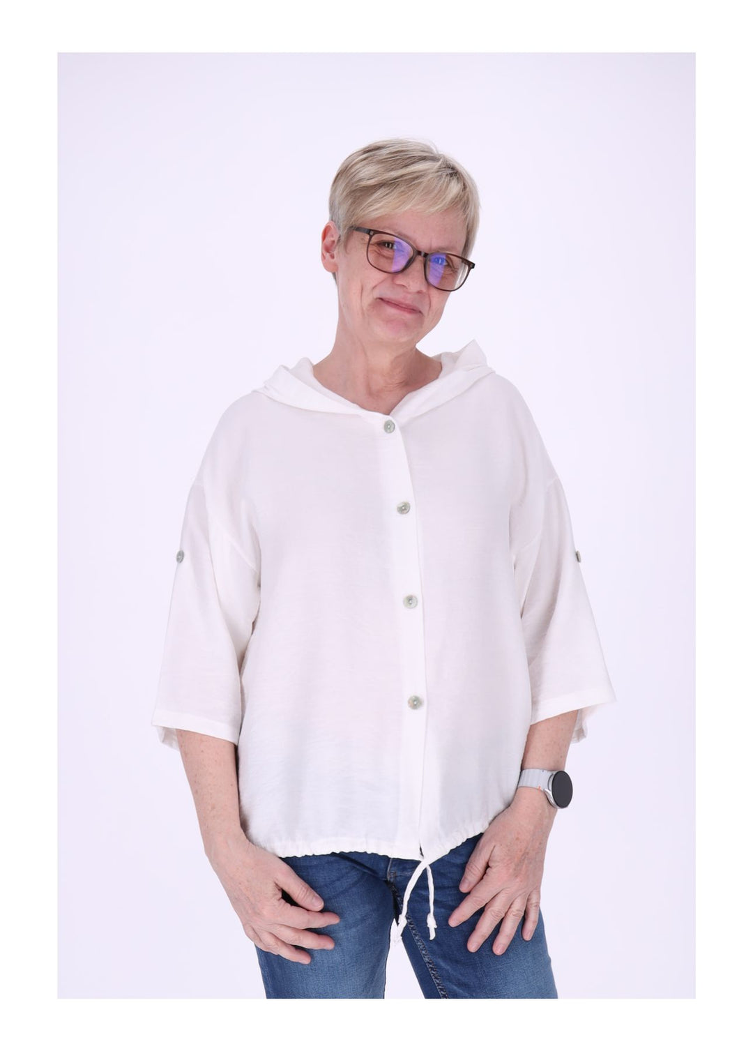 Blusenjacke Damen Kapuze Tunnelzug Krempelarm