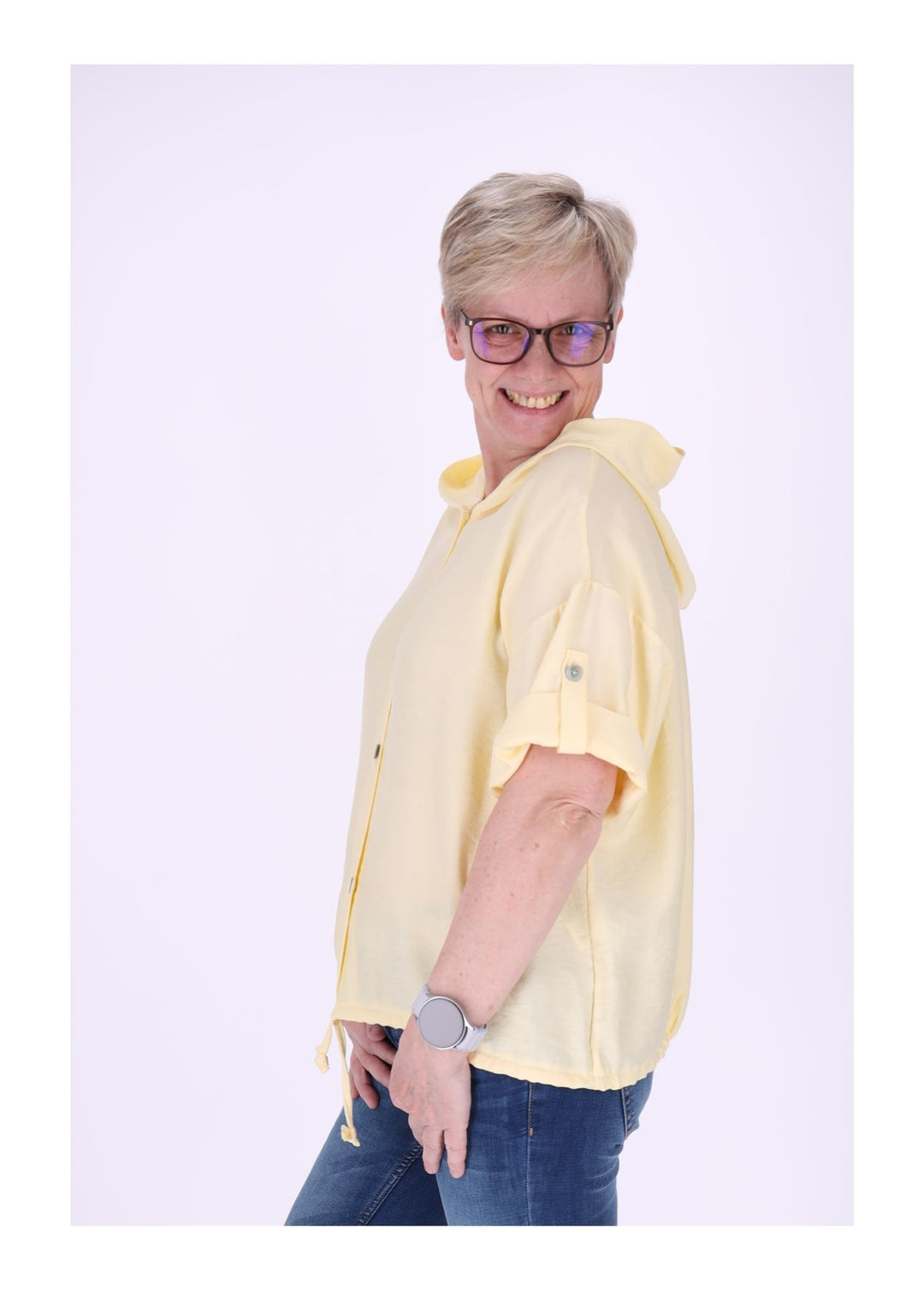 Blusenjacke Damen Kapuze Tunnelzug Krempelarm