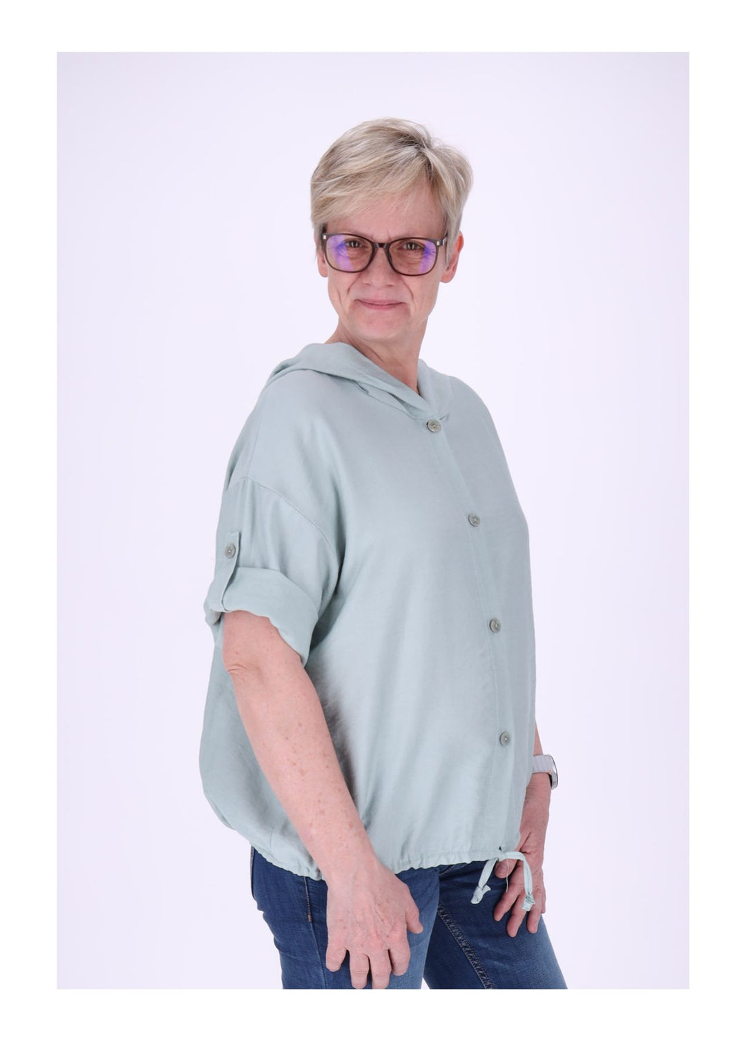 Blusenjacke Damen Kapuze Tunnelzug Krempelarm