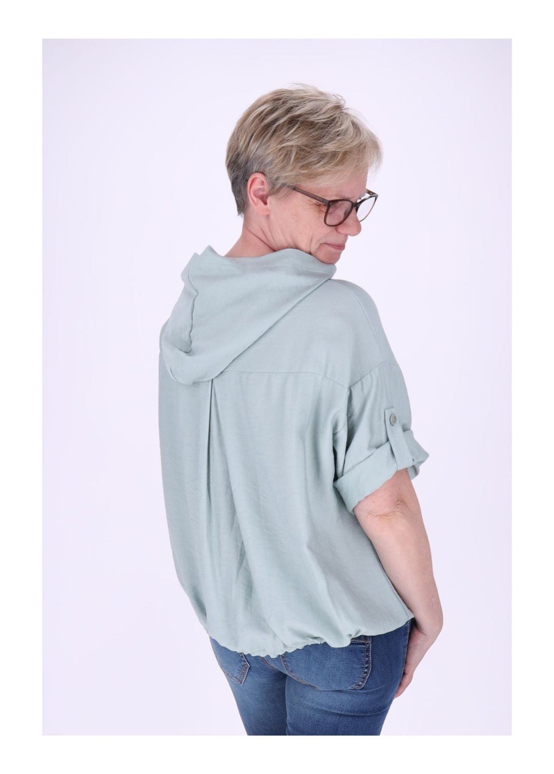 Blusenjacke Damen Kapuze Tunnelzug Krempelarm