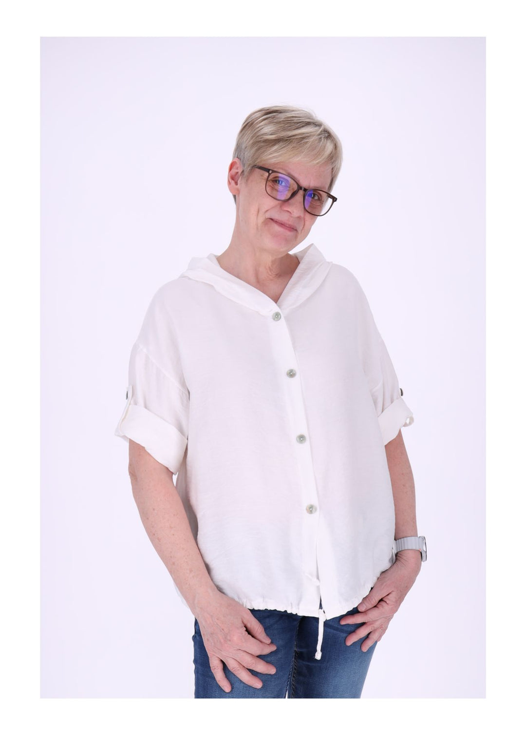 Blusenjacke Damen Kapuze Tunnelzug Krempelarm