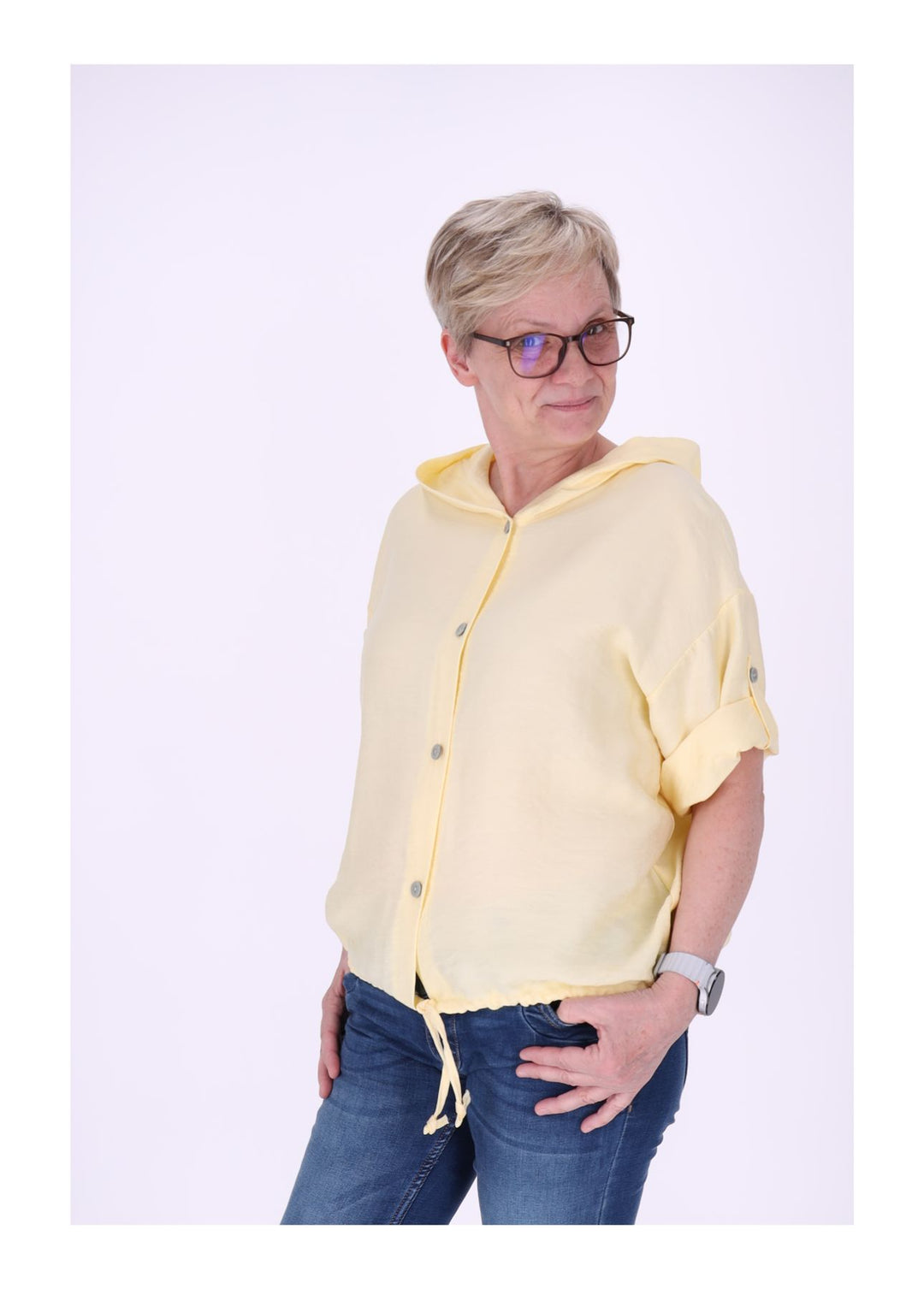 Blusenjacke Damen Kapuze Tunnelzug Krempelarm