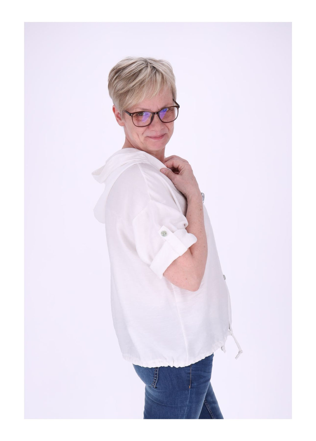 Blusenjacke Damen Kapuze Tunnelzug Krempelarm