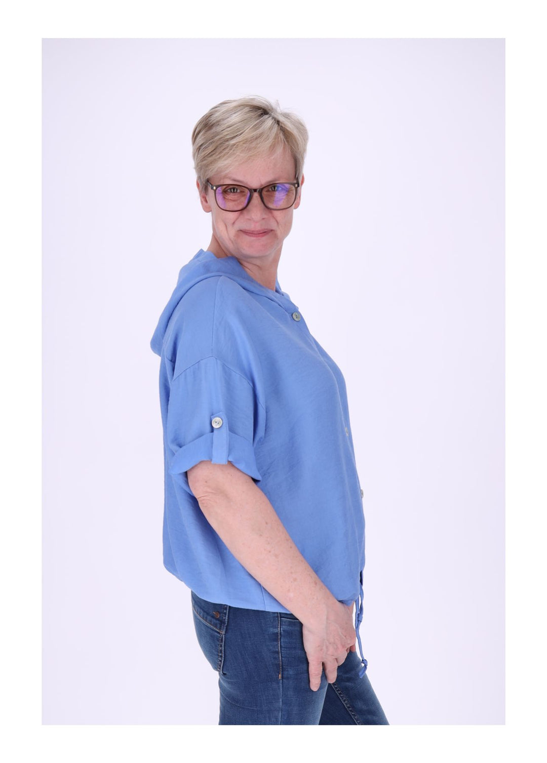 Blusenjacke Damen Kapuze Tunnelzug Krempelarm