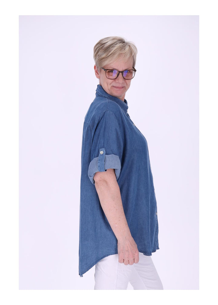 Jeansbluse Damen Krempelarm