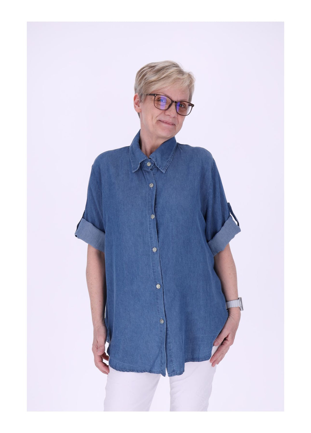 Jeansbluse Damen Krempelarm