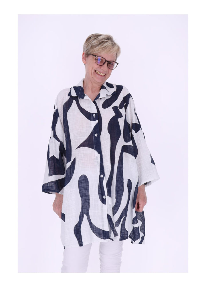 Longbluse Damen Krempelarm AOP Grafisch