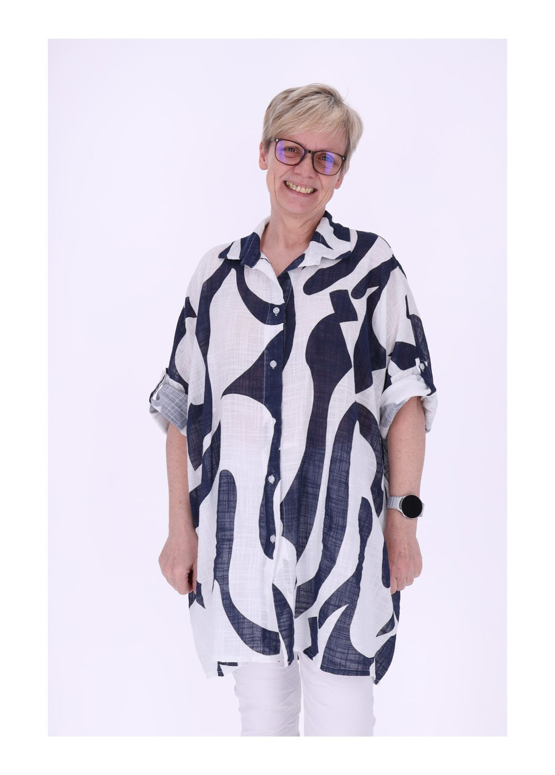 Longbluse Damen Krempelarm AOP Grafisch