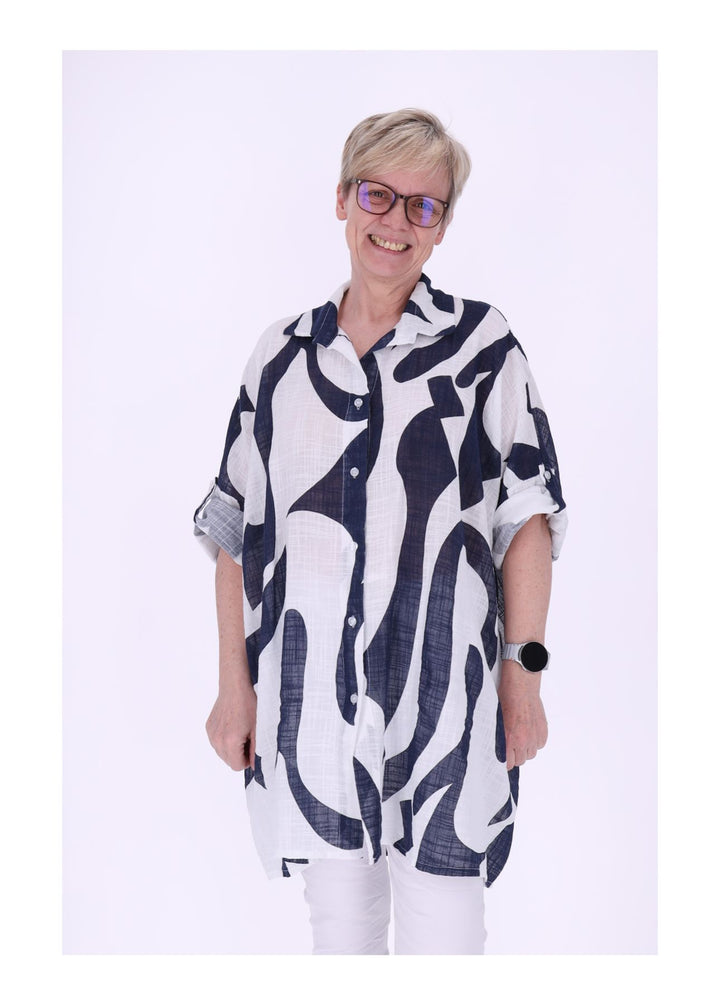 Longbluse Damen Krempelarm AOP Grafisch