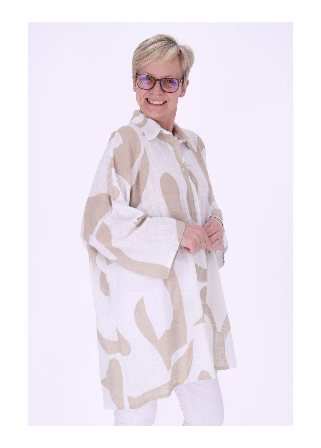 Longbluse Damen Krempelarm AOP Grafisch