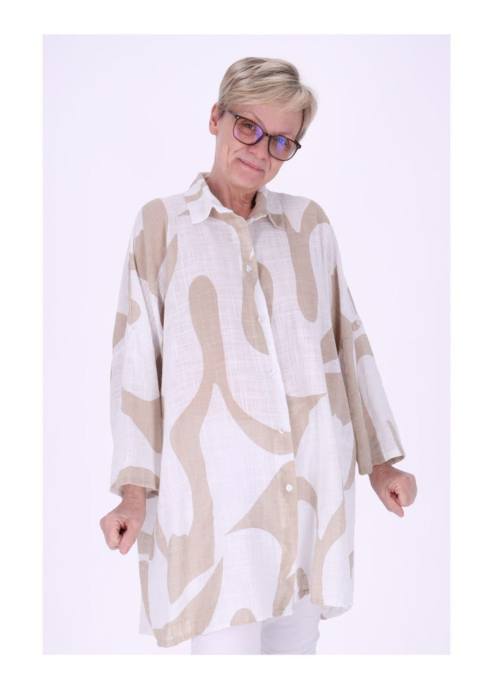 Longbluse Damen Krempelarm AOP Grafisch