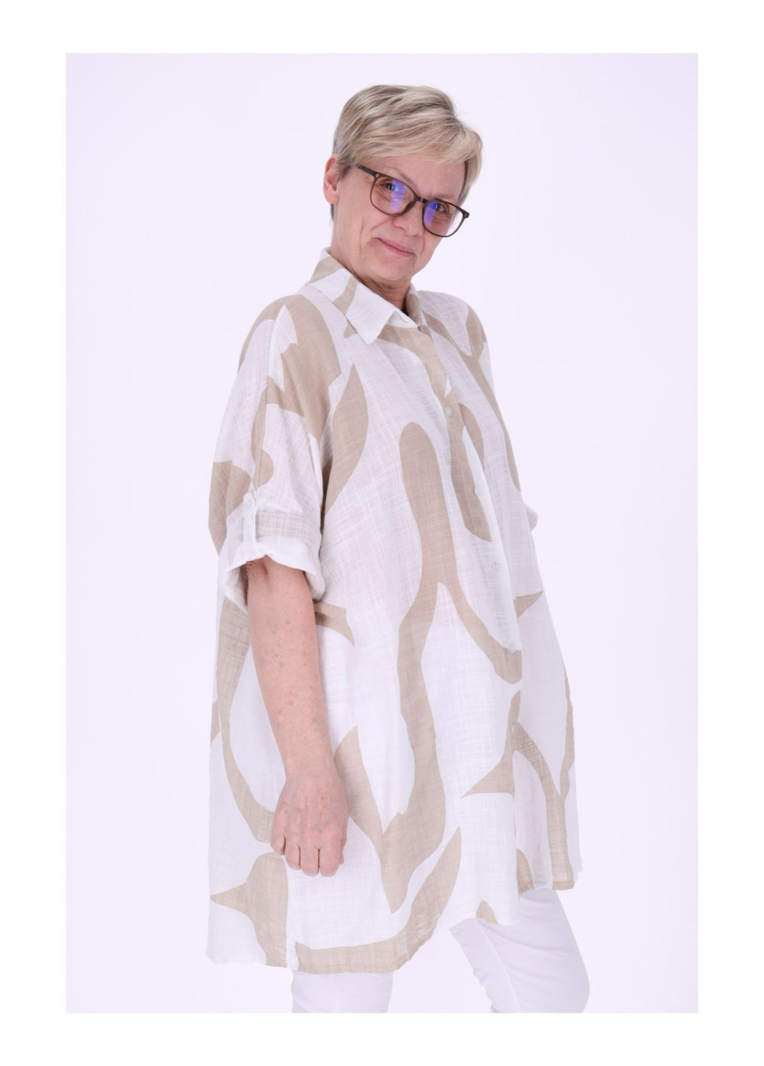 Longbluse Damen Krempelarm AOP Grafisch