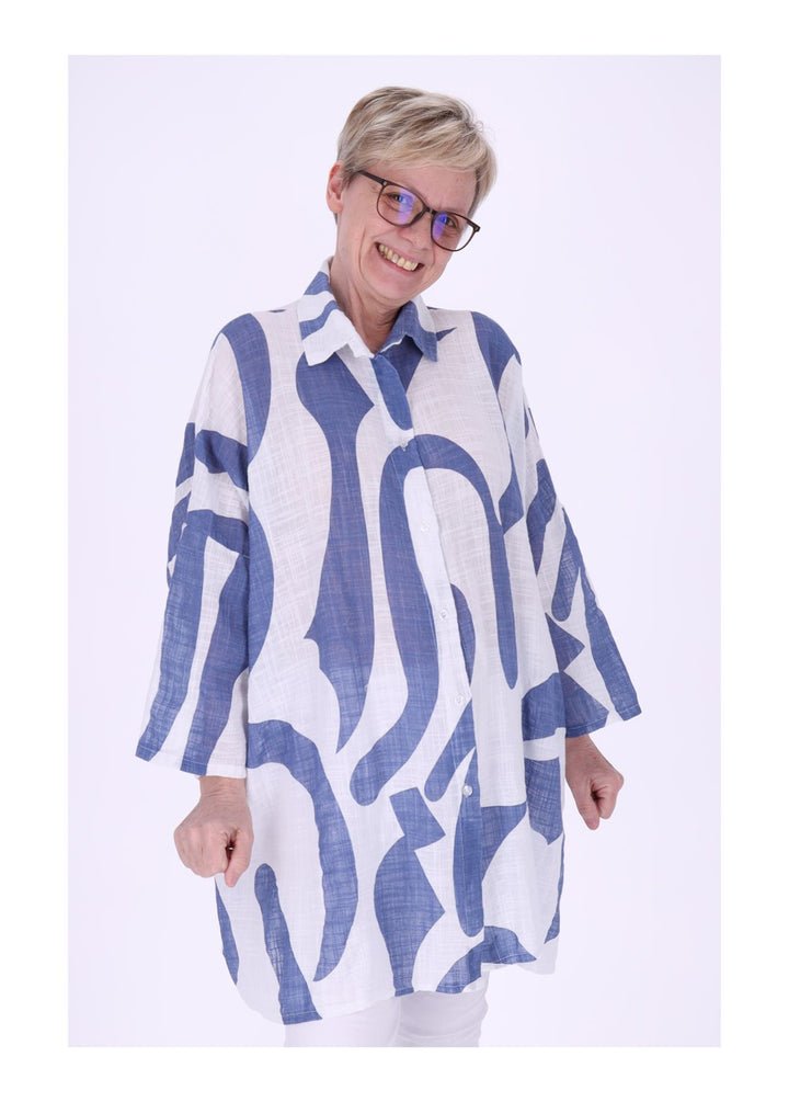 Longbluse Damen Krempelarm AOP Grafisch
