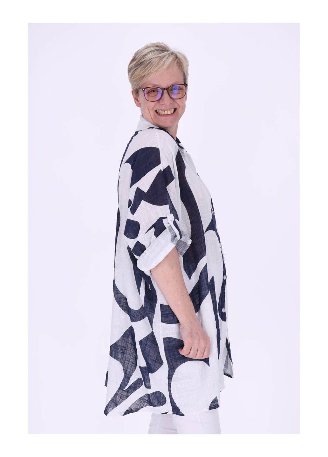 Longbluse Damen Krempelarm AOP Grafisch