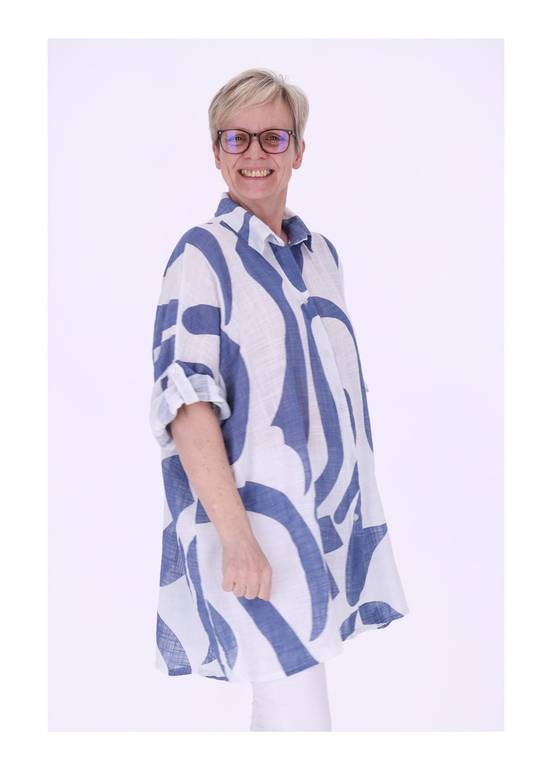 Longbluse Damen Krempelarm AOP Grafisch