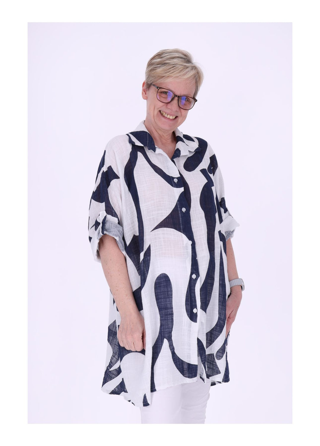 Longbluse Damen Krempelarm AOP Grafisch