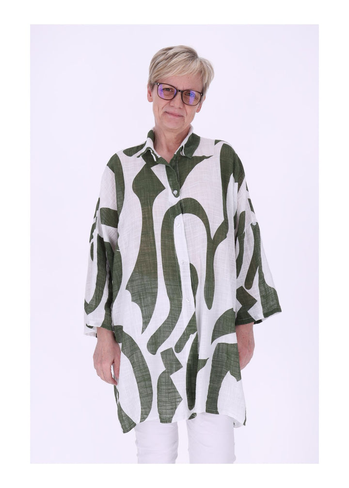 Longbluse Damen Krempelarm AOP Grafisch