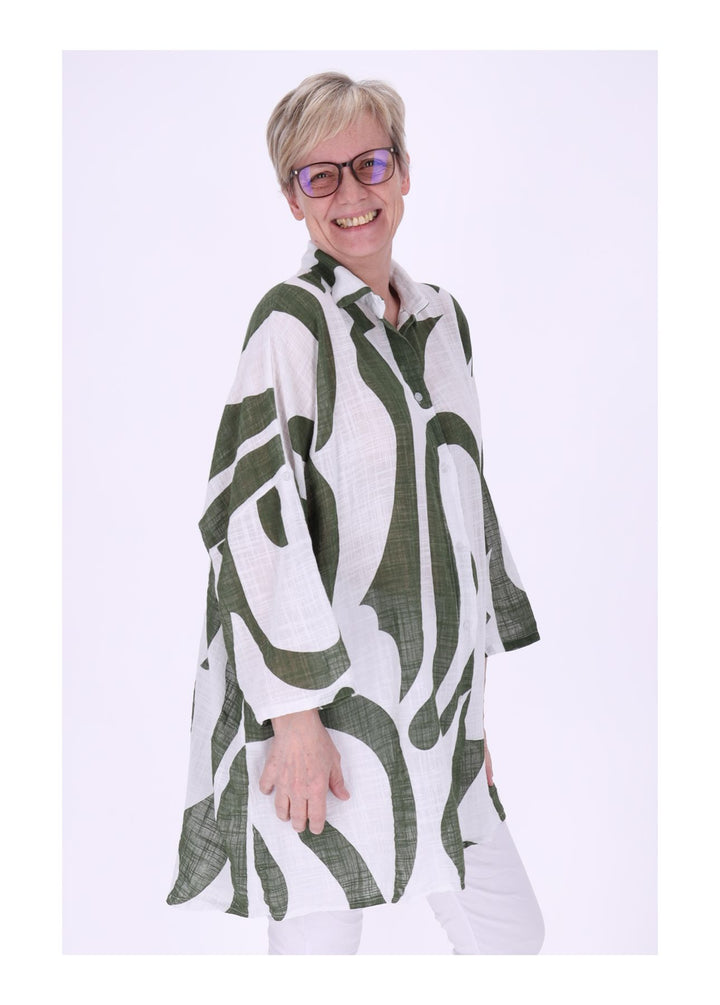 Longbluse Damen Krempelarm AOP Grafisch