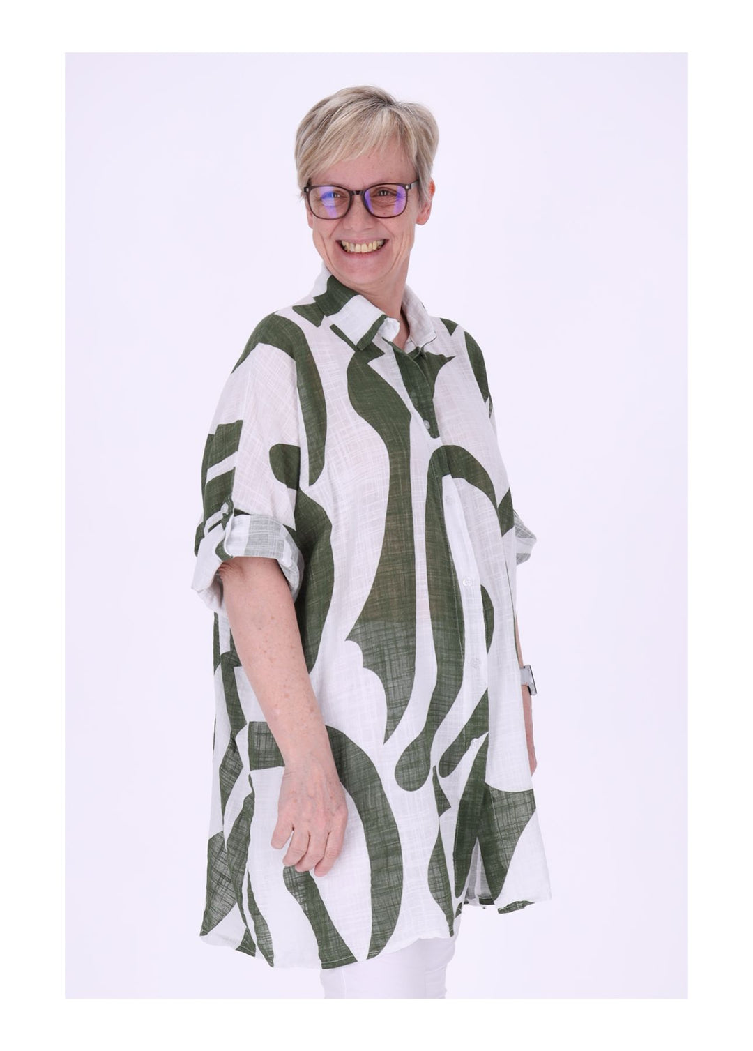 Longbluse Damen Krempelarm AOP Grafisch