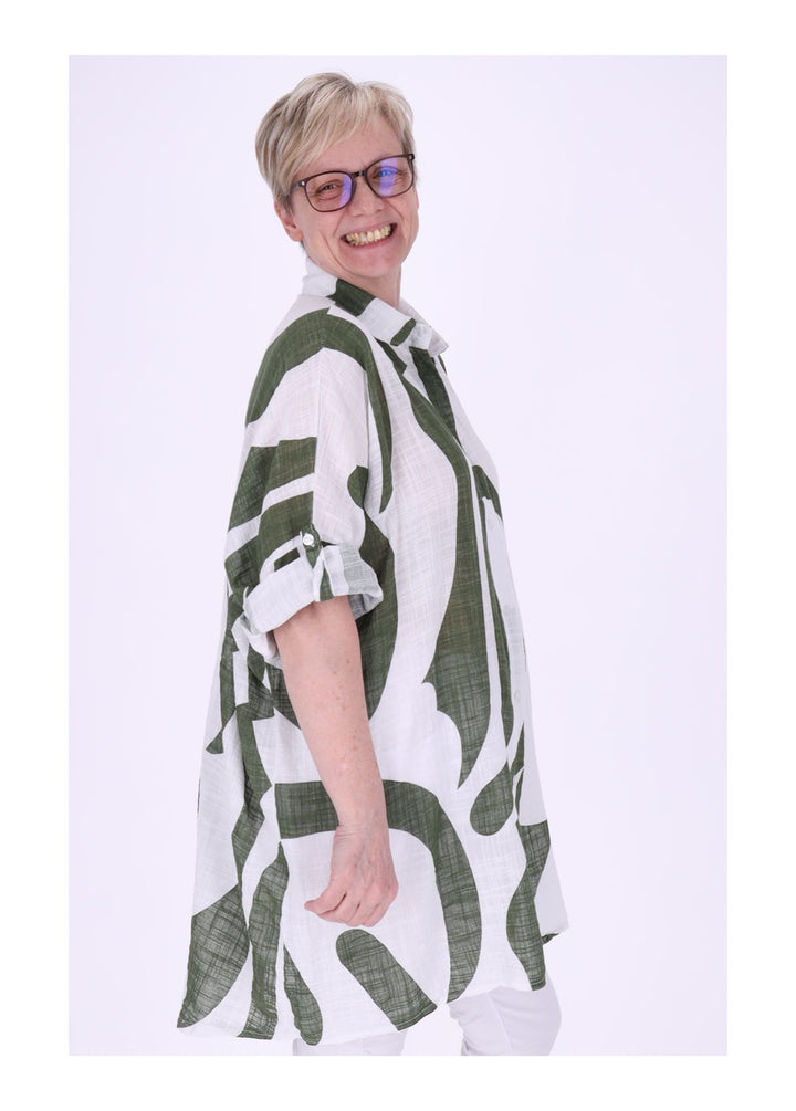 Longbluse Damen Krempelarm AOP Grafisch