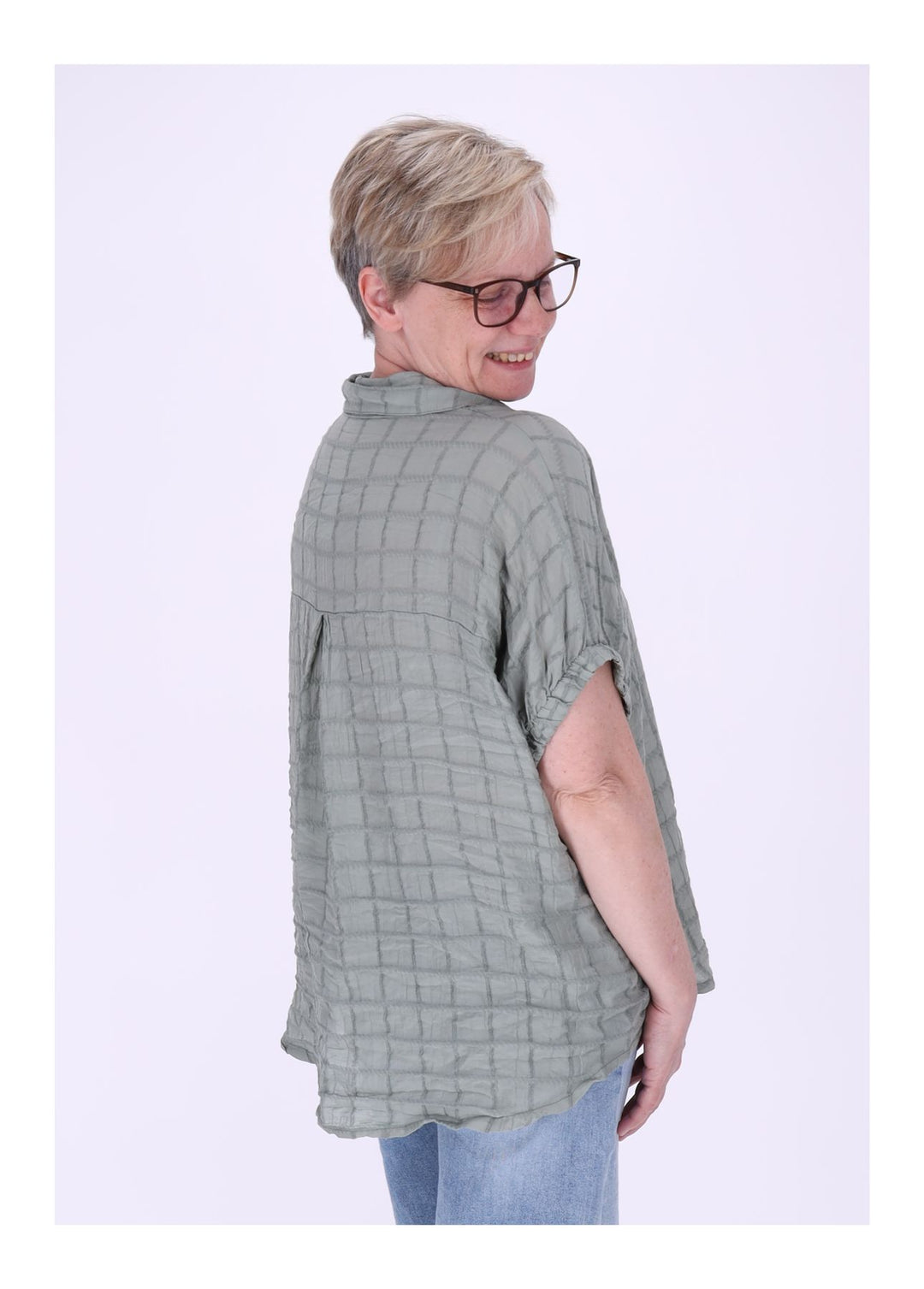 Bluse Damen Kurzarm Strucktur Karo