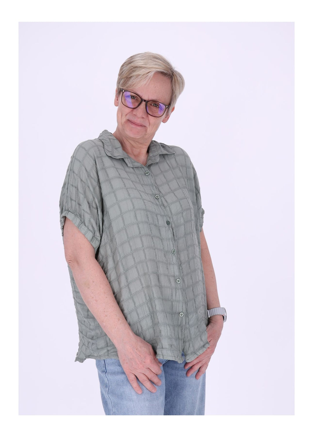Bluse Damen Kurzarm Strucktur Karo