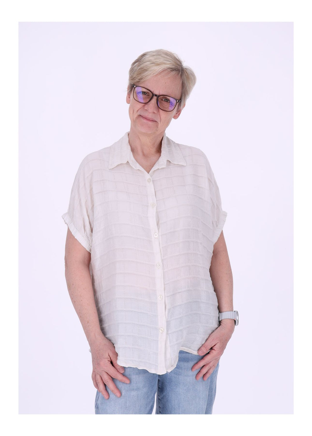 Bluse Damen Kurzarm Strucktur Karo
