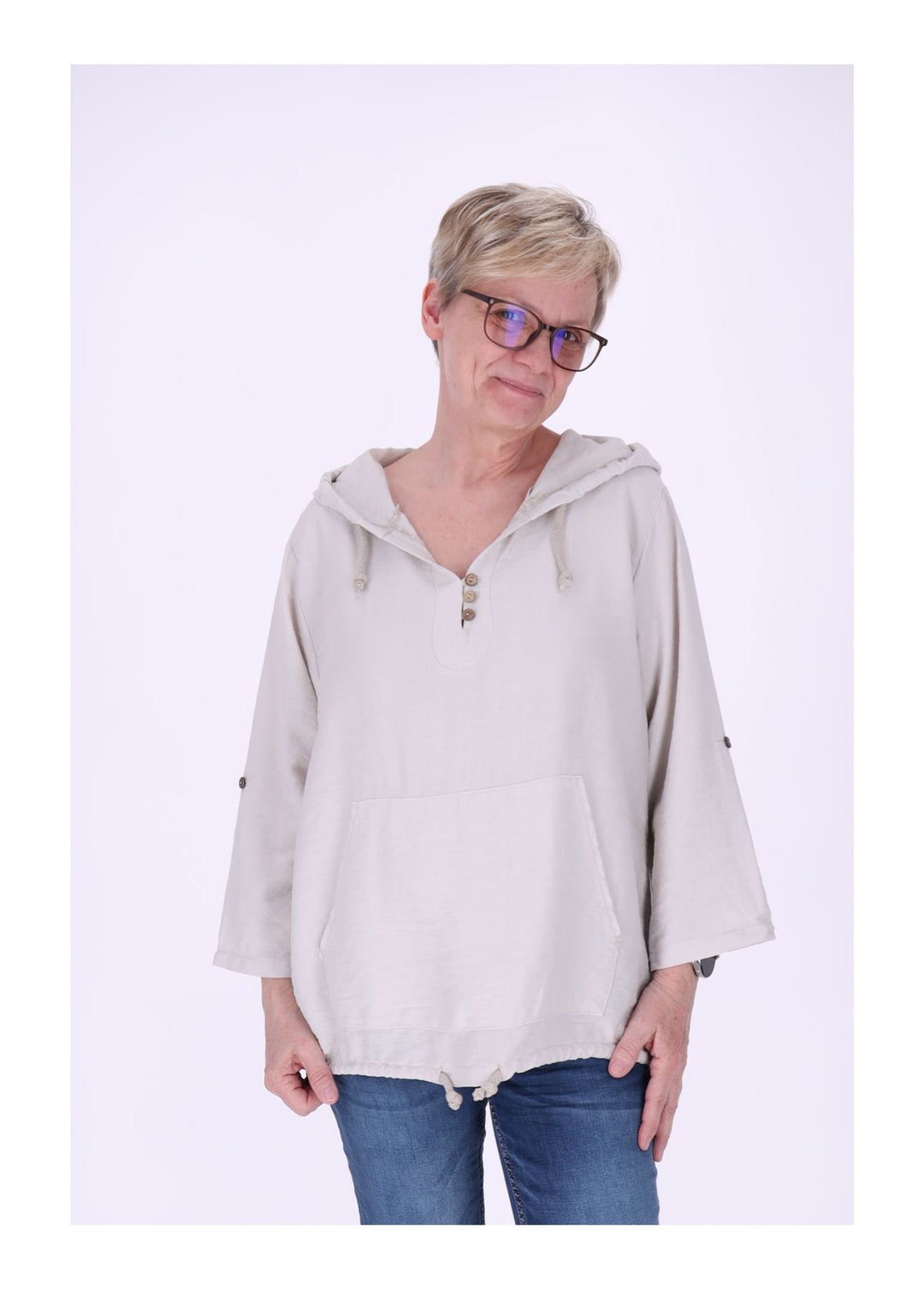 Kapuzenshirt Damen Krempelarm Kleine Knopfleiste