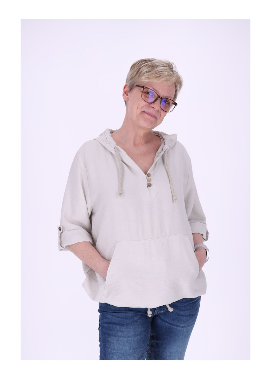 Kapuzenshirt Damen Krempelarm Kleine Knopfleiste