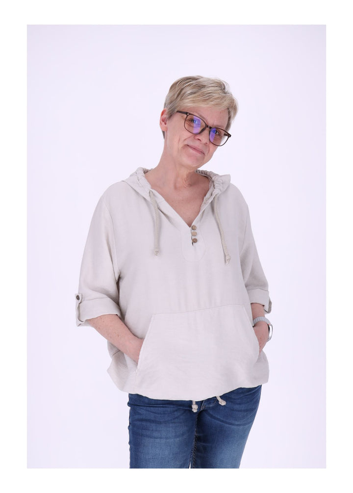 Kapuzenshirt Damen Krempelarm Kleine Knopfleiste