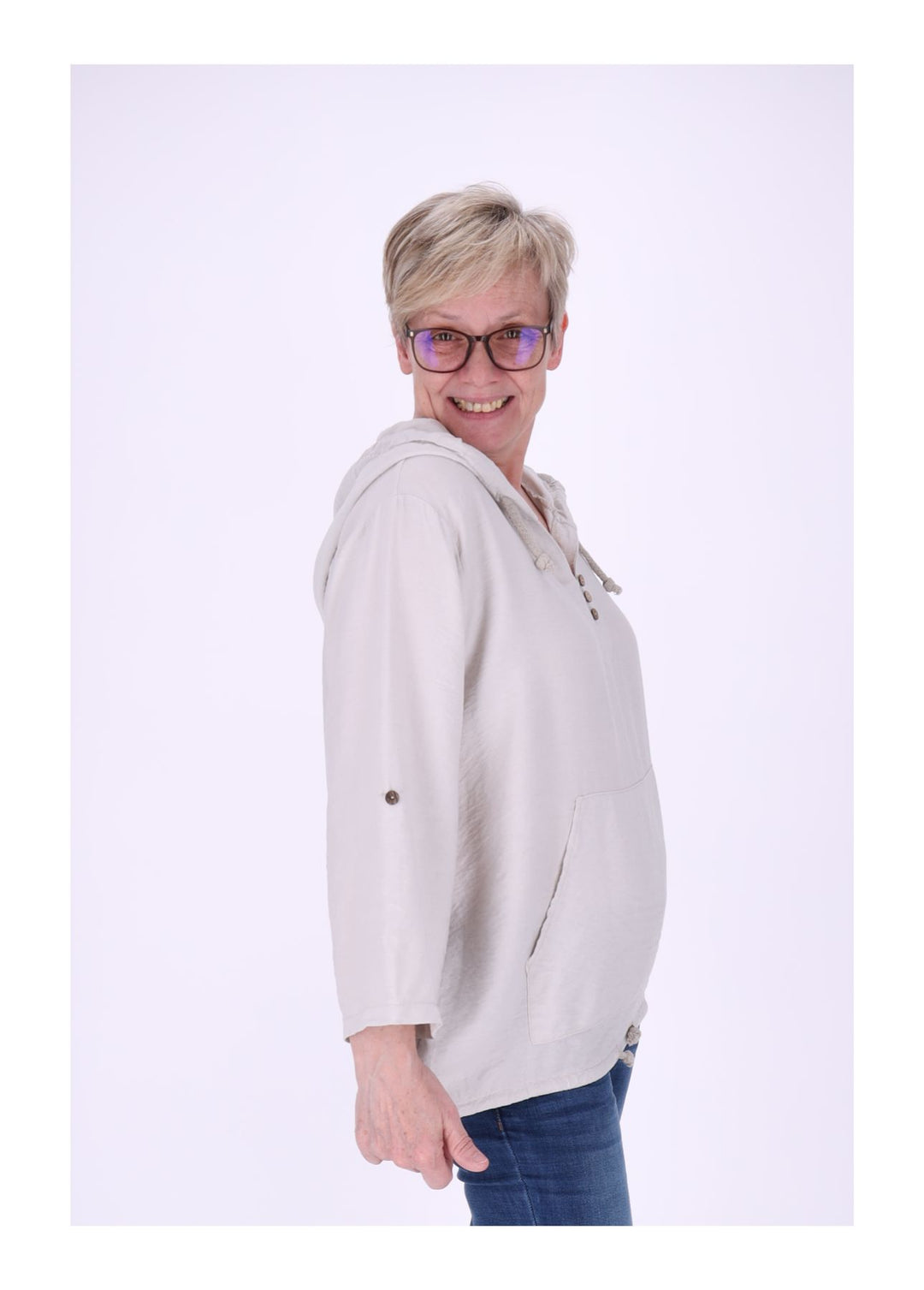 Kapuzenshirt Damen Krempelarm Kleine Knopfleiste