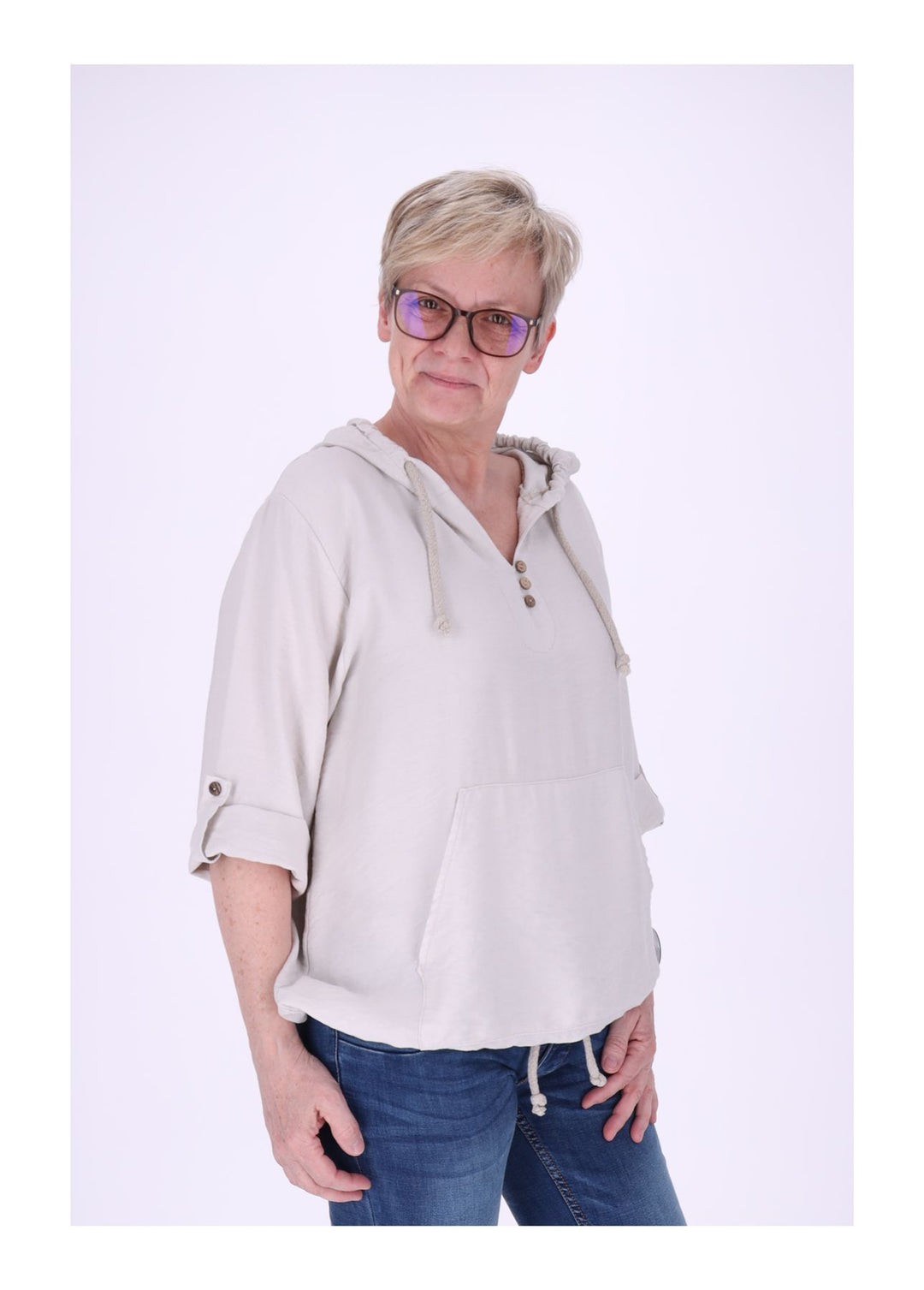Kapuzenshirt Damen Krempelarm Kleine Knopfleiste