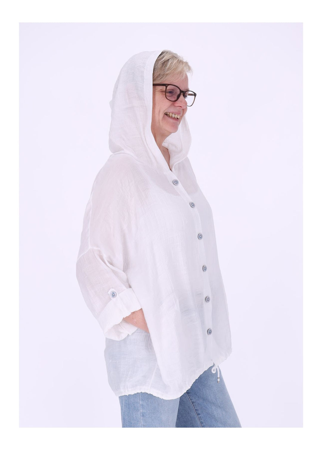 Bluse Damen Kapuze Struktur Tunnelzug