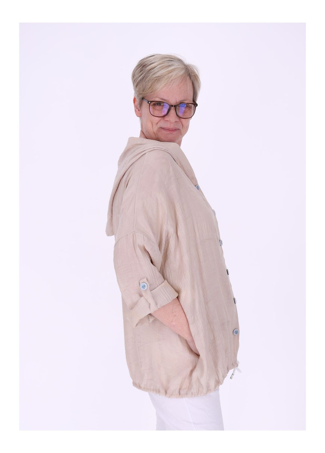 Bluse Damen Kapuze Struktur Tunnelzug