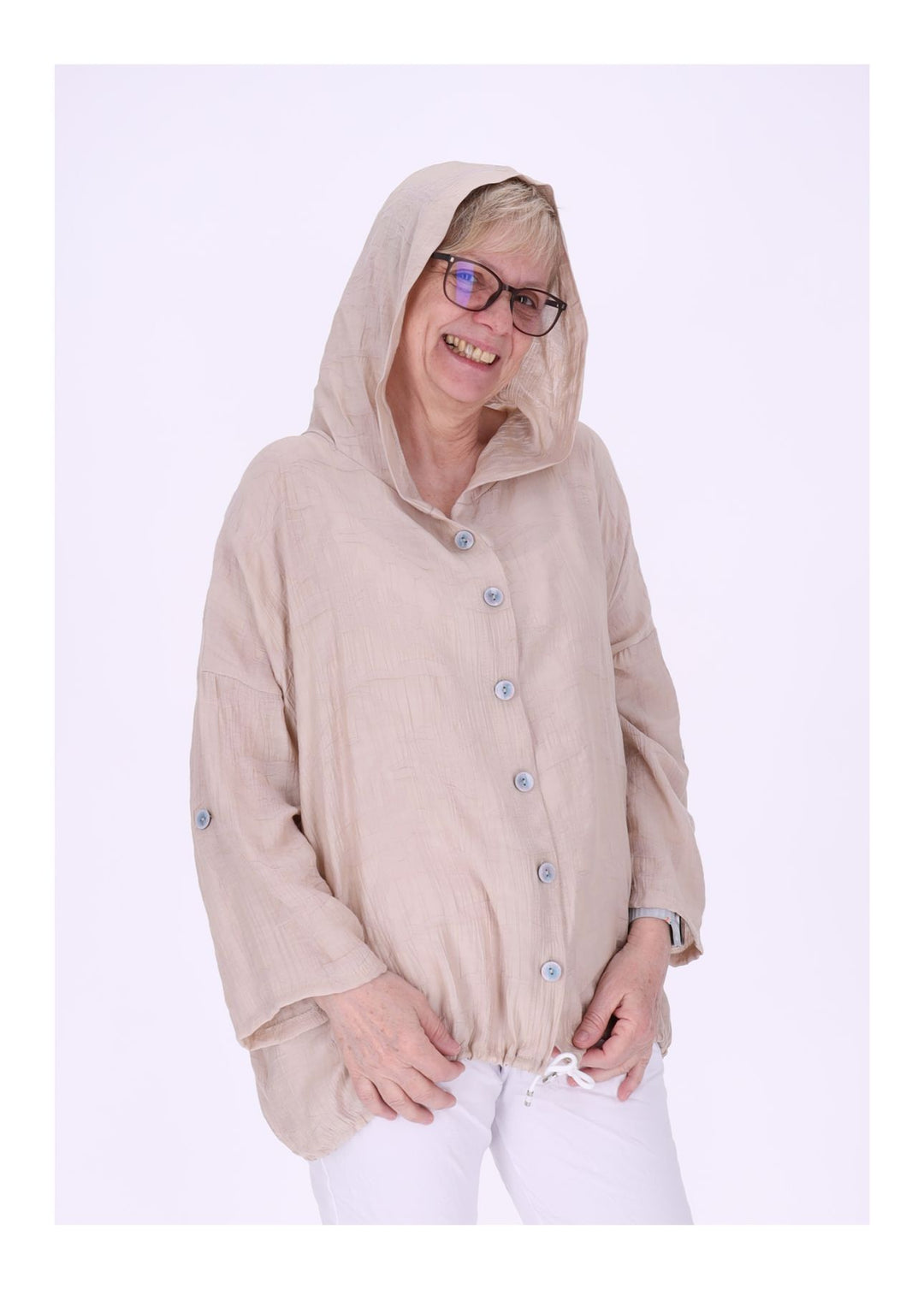 Bluse Damen Kapuze Struktur Tunnelzug