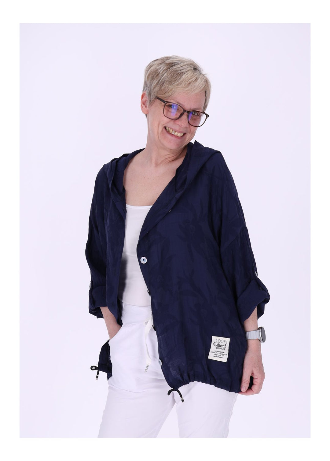 Bluse Damen Kapuze Struktur Tunnelzug