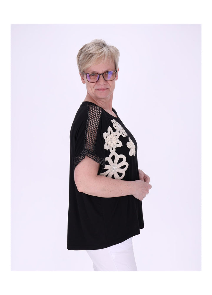 T-Shirt Damen Netzeinsatz Patches Blüten