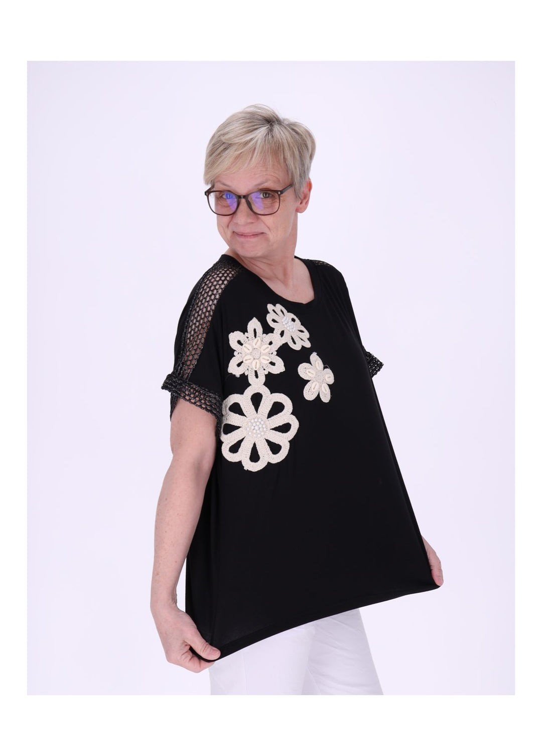 T-Shirt Damen Netzeinsatz Patches Blüten