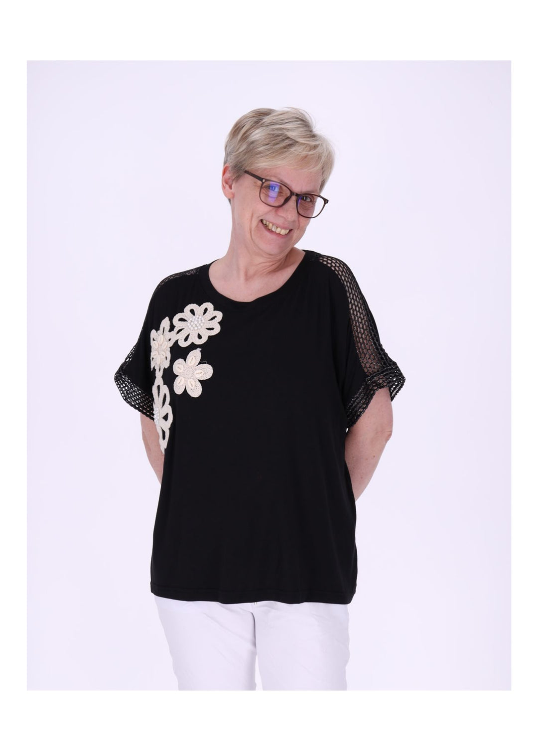 T-Shirt Damen Netzeinsatz Patches Blüten