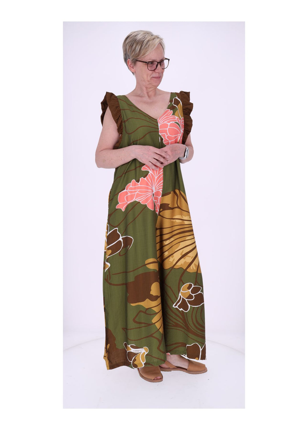 Jumpsuit Damen V-Ausschnitt AOP Blüten Rüschenarm