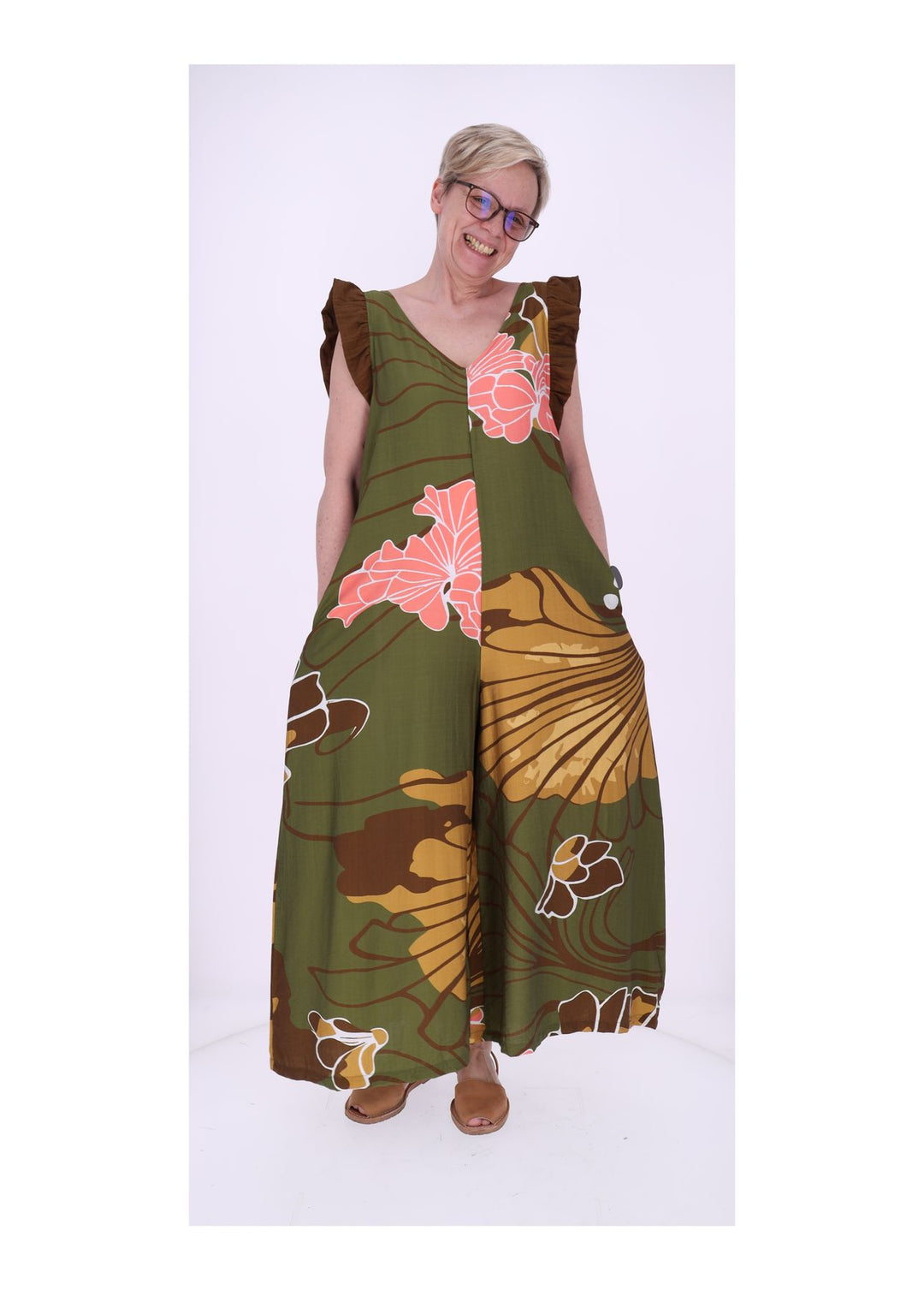 Jumpsuit Damen V-Ausschnitt AOP Blüten Rüschenarm