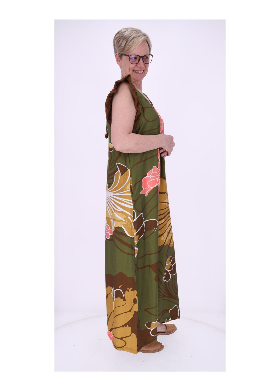 Jumpsuit Damen V-Ausschnitt AOP Blüten Rüschenarm