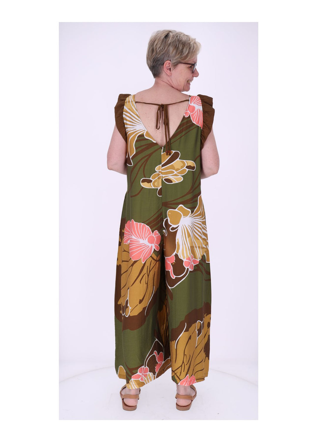 Jumpsuit Damen V-Ausschnitt AOP Blüten Rüschenarm