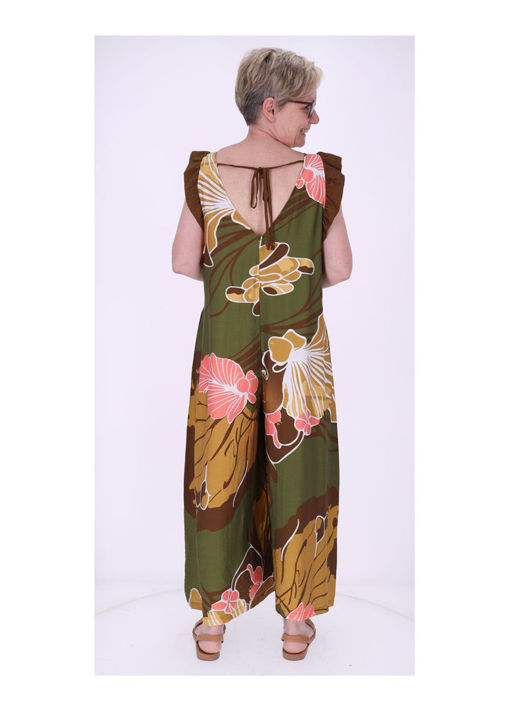 Jumpsuit Damen V-Ausschnitt AOP Blüten Rüschenarm
