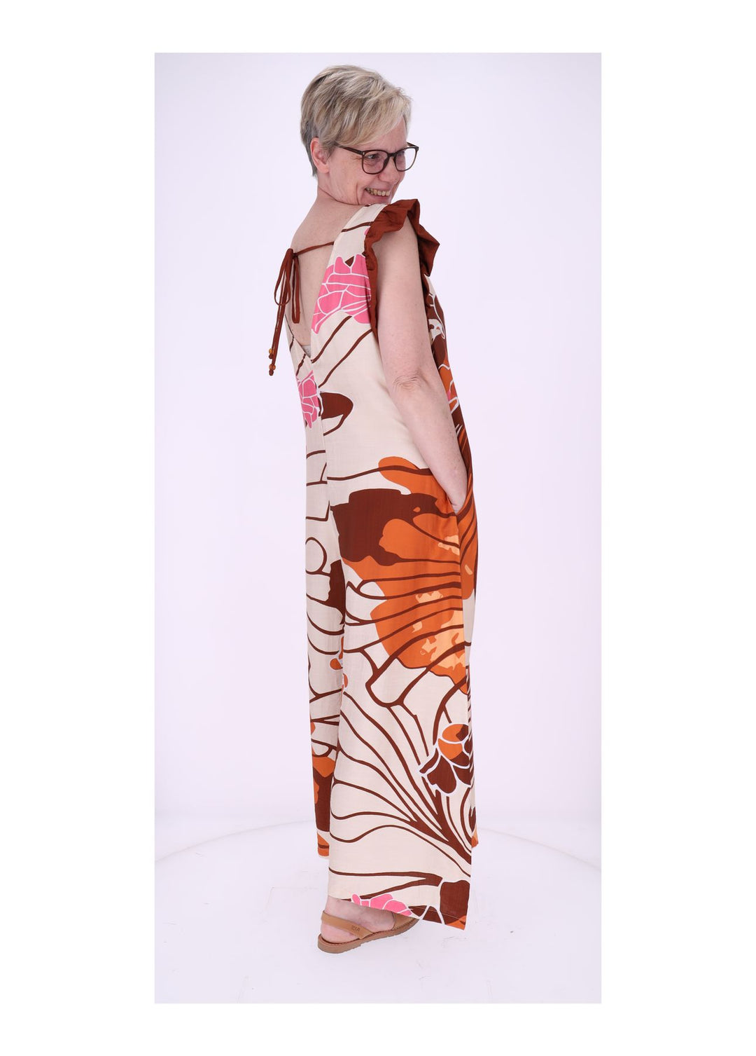 Jumpsuit Damen V-Ausschnitt AOP Blüten Rüschenarm