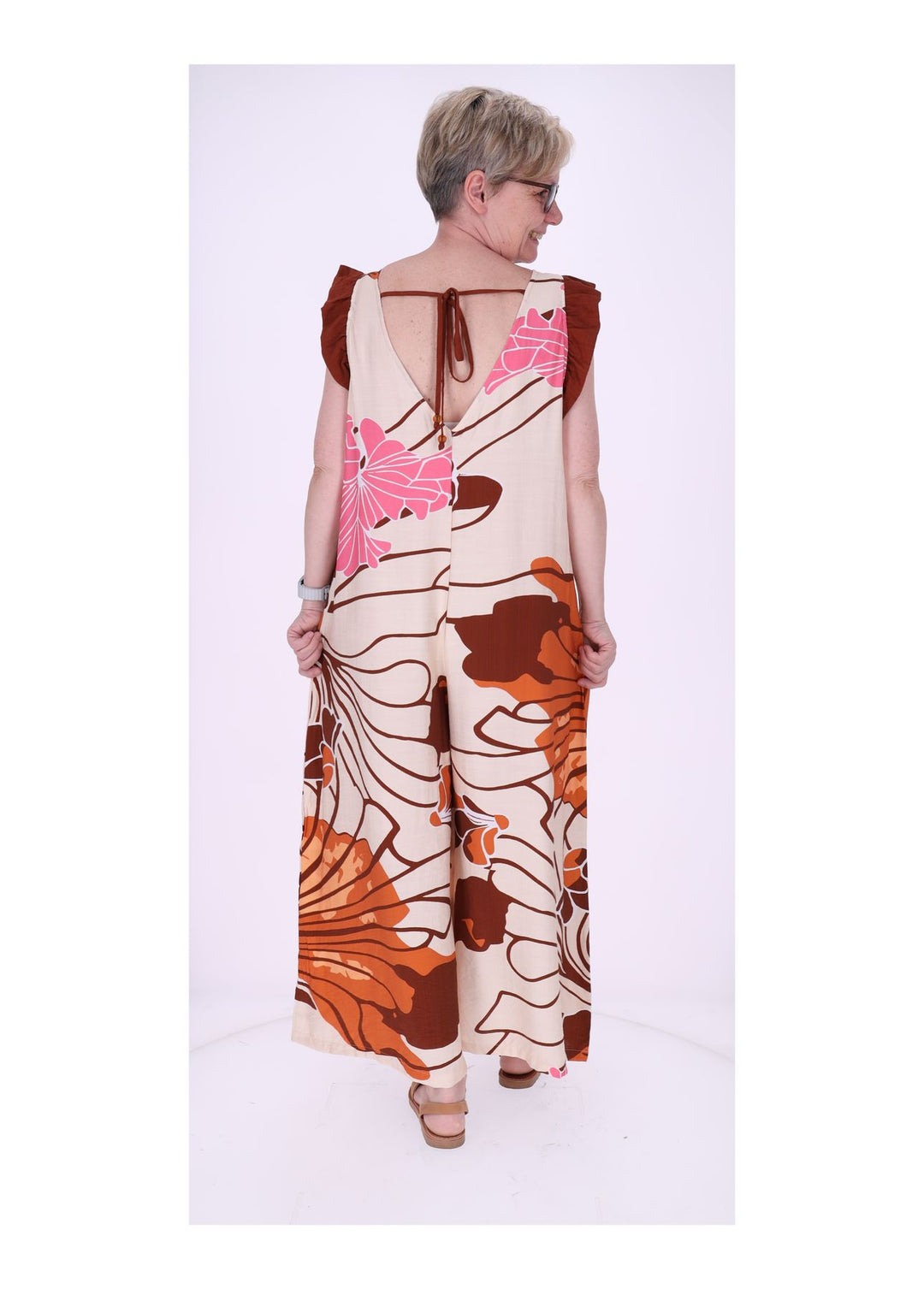 Jumpsuit Damen V-Ausschnitt AOP Blüten Rüschenarm