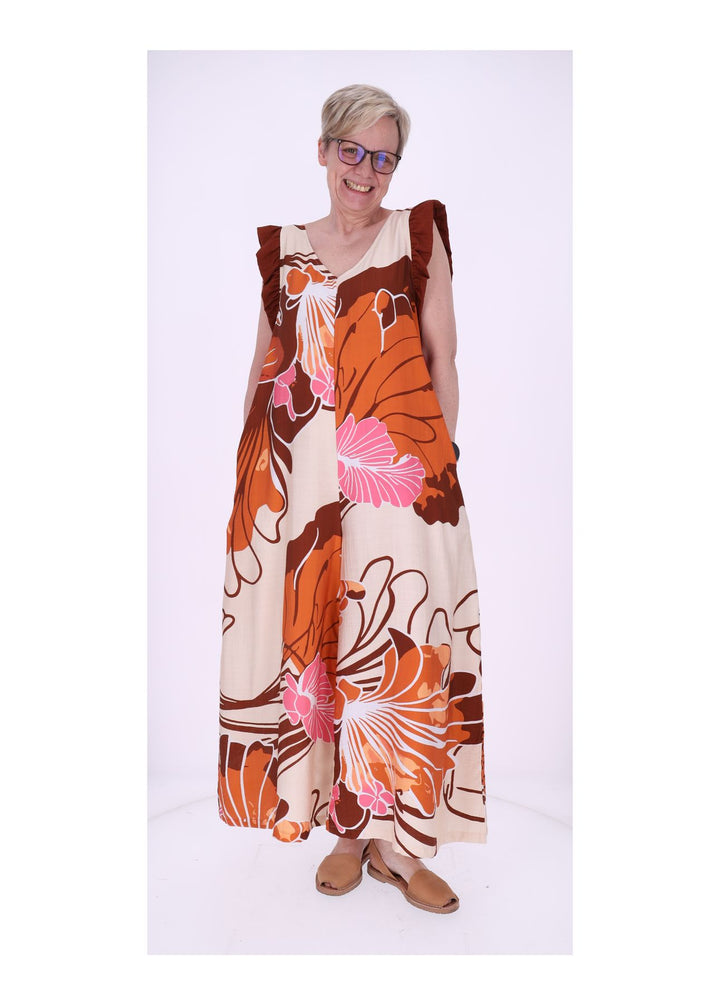 Jumpsuit Damen V-Ausschnitt AOP Blüten Rüschenarm